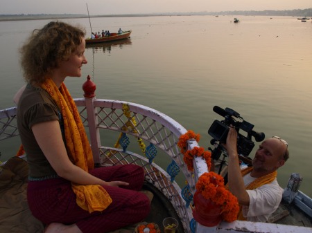 On the Ganges, Varanasi, being filmed by Hans